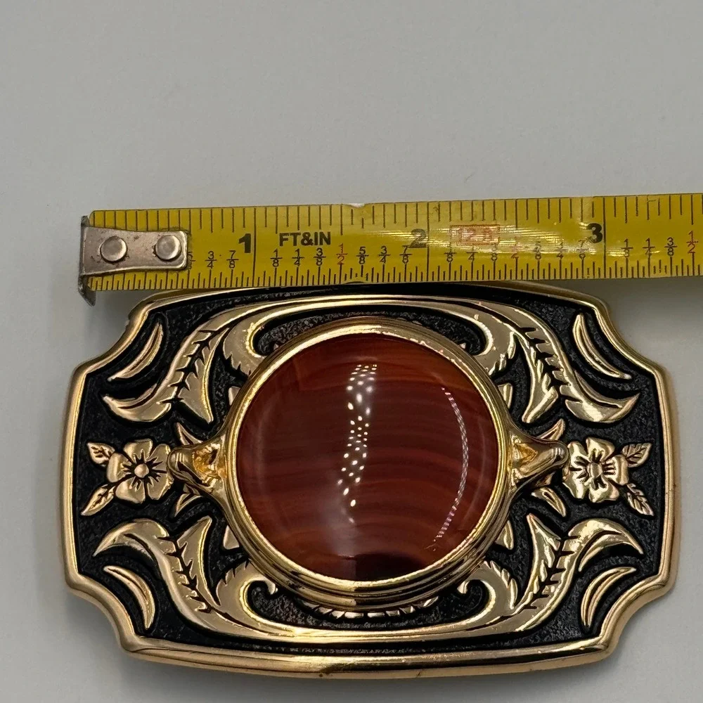 Vintage Western Belt Buckle Gold Tone Faux Carnelian Agate Floral Made in USA